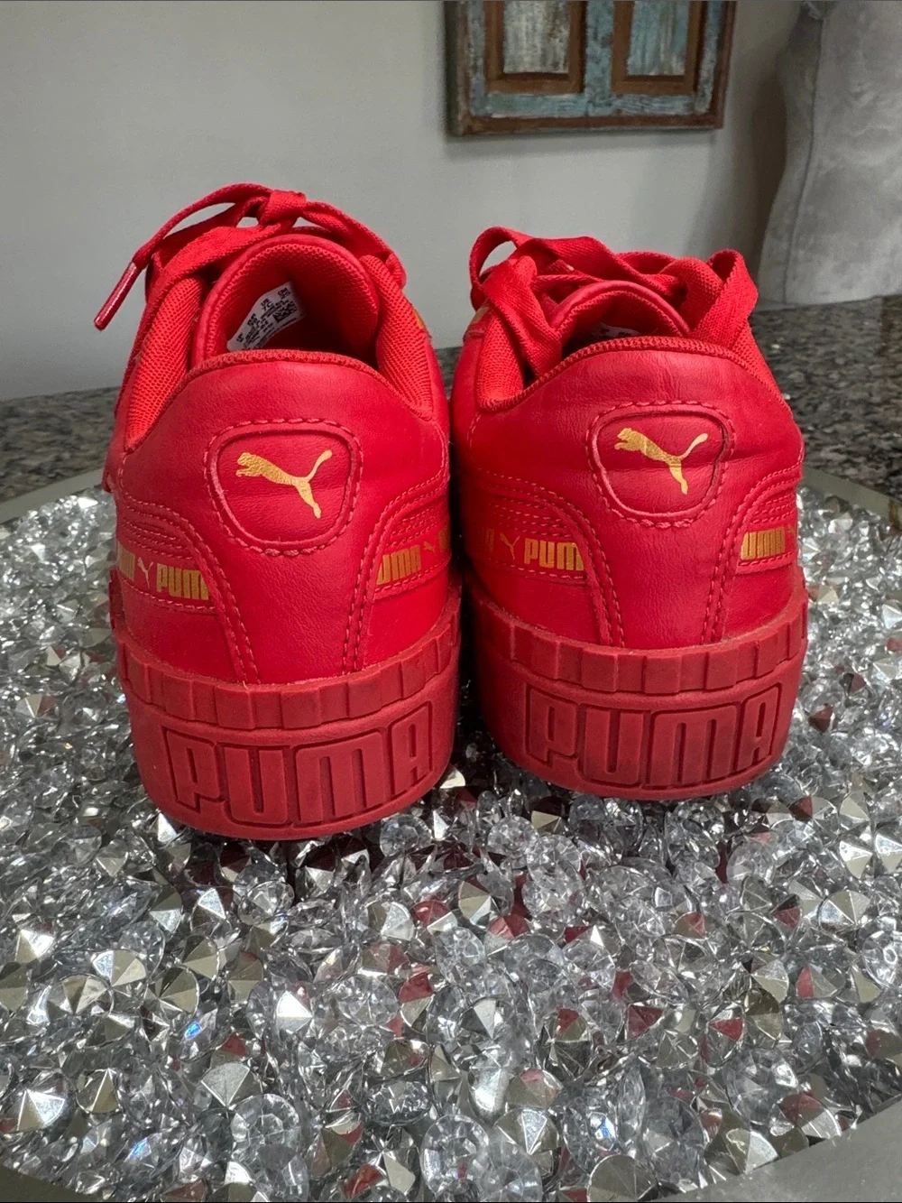 Puma Red Platform Sneakers with Yellow Logo Stripe 7C